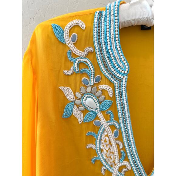 BOSTON PROPER | Yellow Beaded Resort Tunic Top V-Neck | Medium - Picture 4 of 8